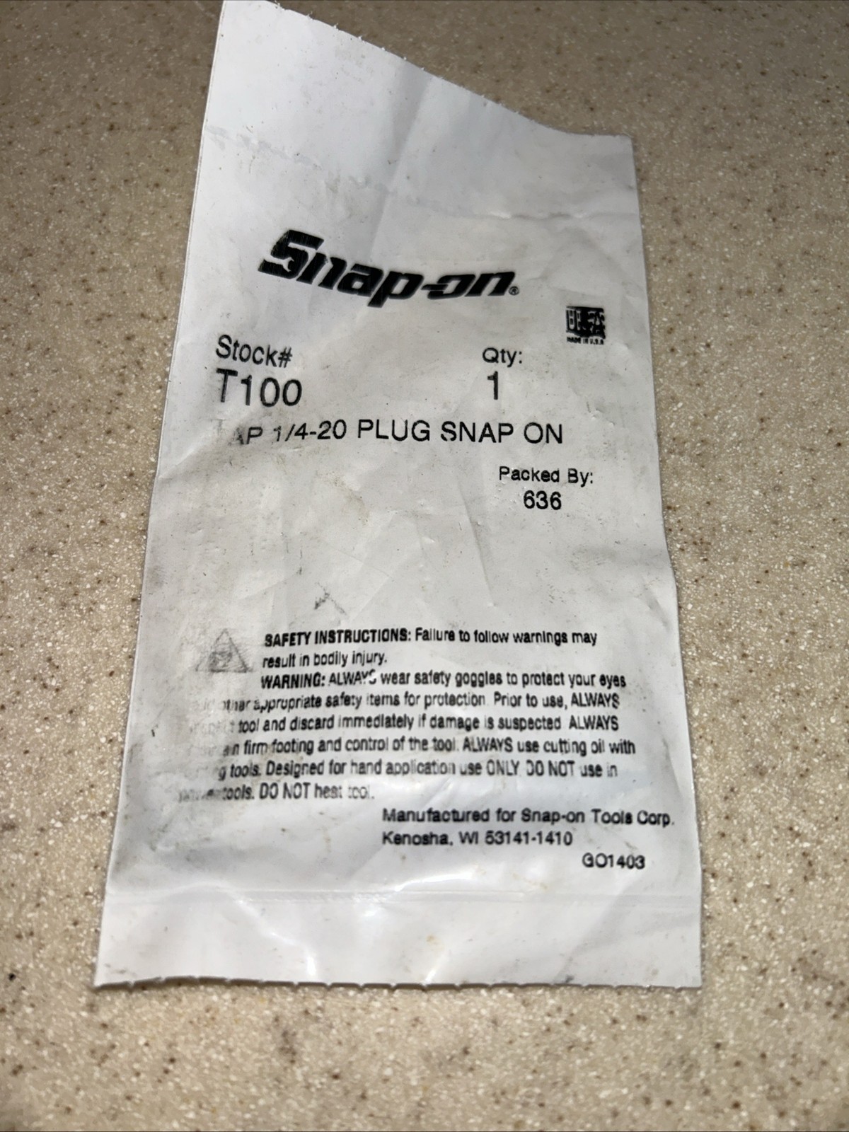 Snap-On Tools USA T100 SAE 1/4”-20 NC Tap NEW Sealed IN PACKAGE