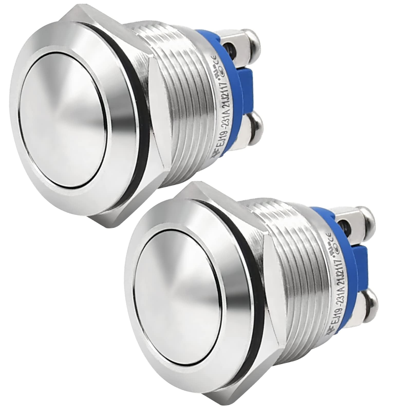 2 Pcs 19mm Domed Momentary Push Button Switch 3/4"; Waterproof IP67; Stainles...