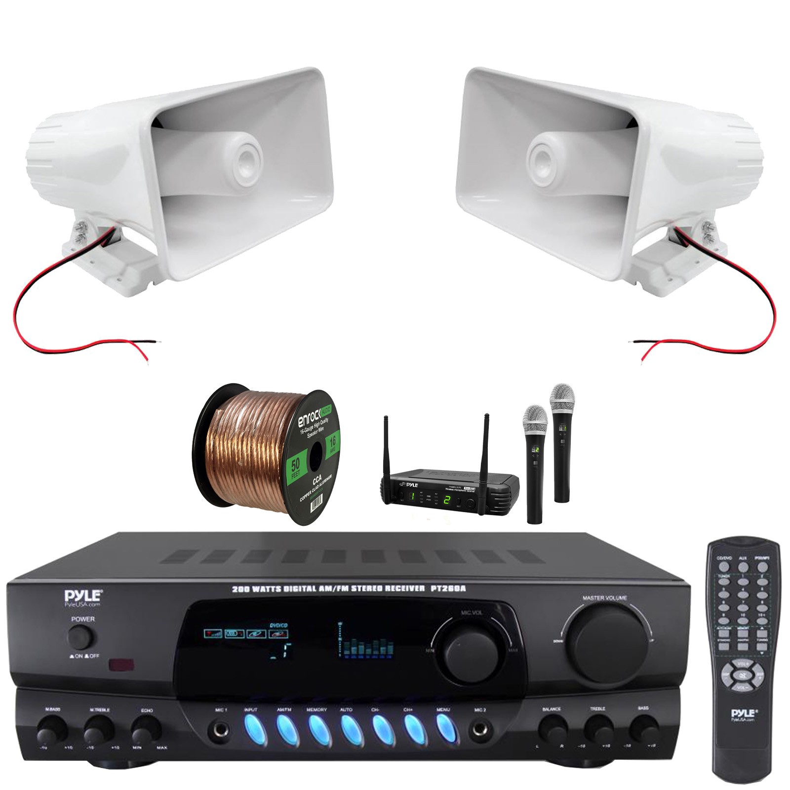 Pyle Display Home Receiver, 2x 8'' Indoor/Outdoor PA Horn Speakers, Mic System