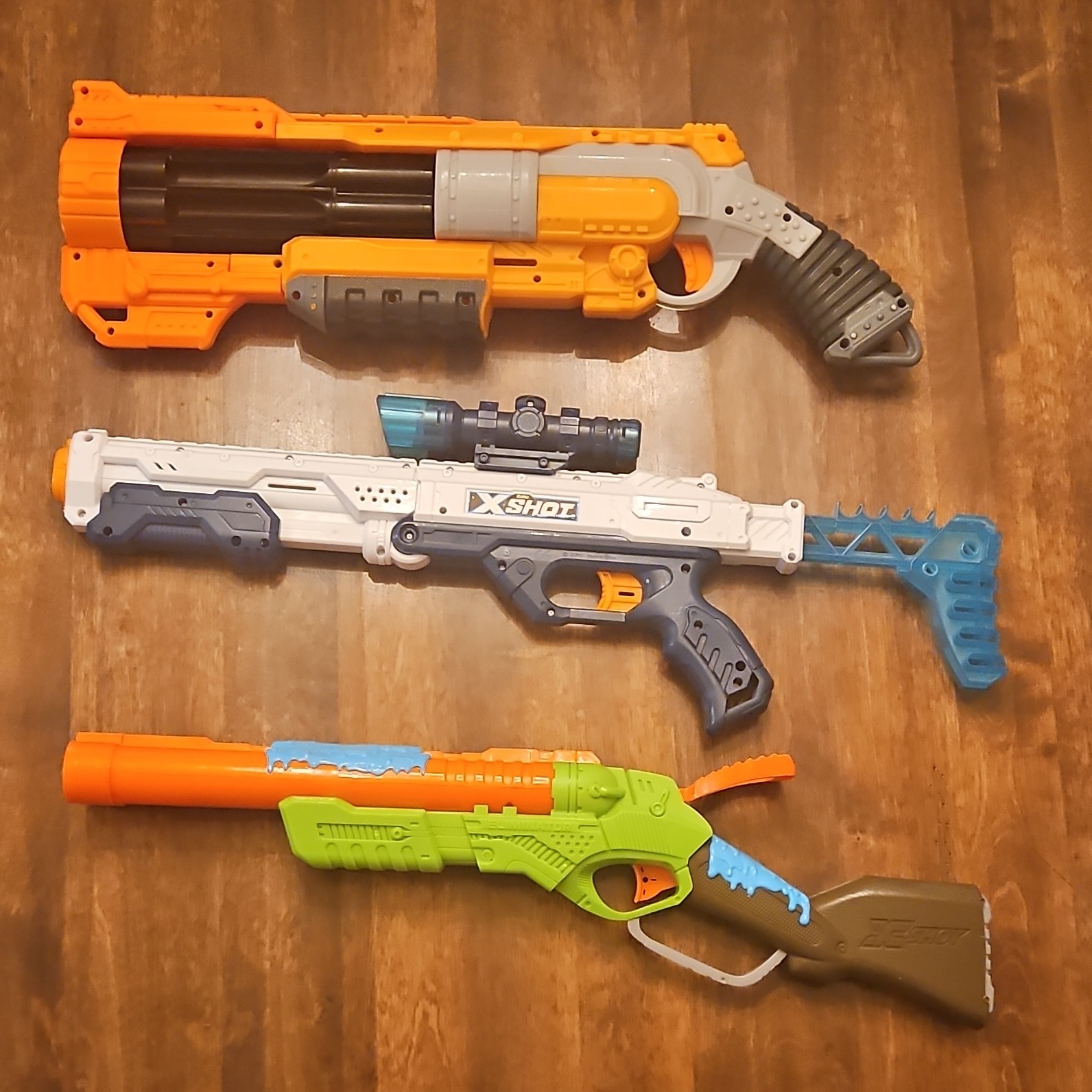 X-Shot Dart Blaster Lot of 3 Orange Green Blue Toy Foam Dart Guns