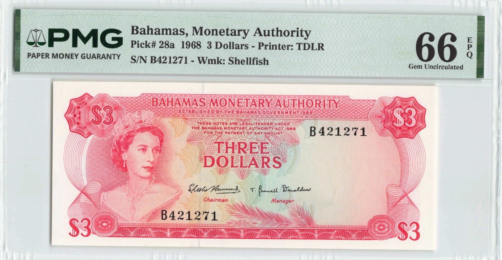 BAHAMAS $3 Dollars 1968, P-28a, PMG 66 EPQ Gem UNC, Famous & Beautiful QEII Note