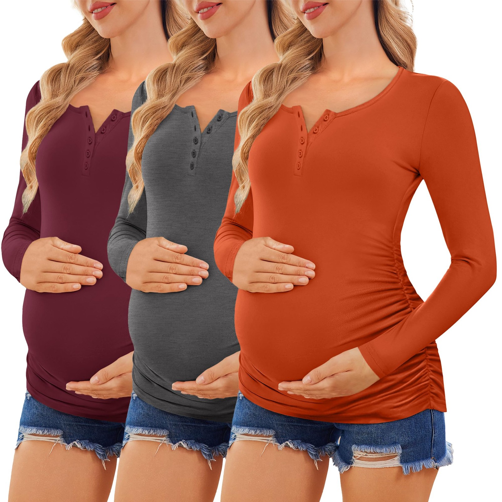 Women 3 Pack Maternity Shirts Long Sleeve Pregnancy Tops Button Down Postpart...