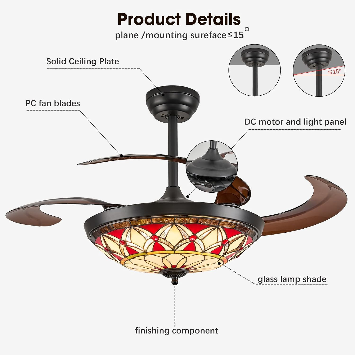 Ceiling Fan with Light - 48" Retractable Ceiling Fan with Remote, 4 Hidden Blade