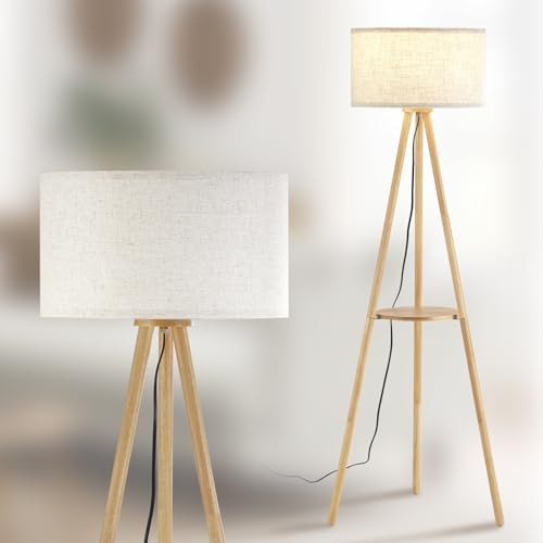 Wood Tripod Floor Lamp with Shelf & 3 Color FSC Natural Wood and Linen Shade
