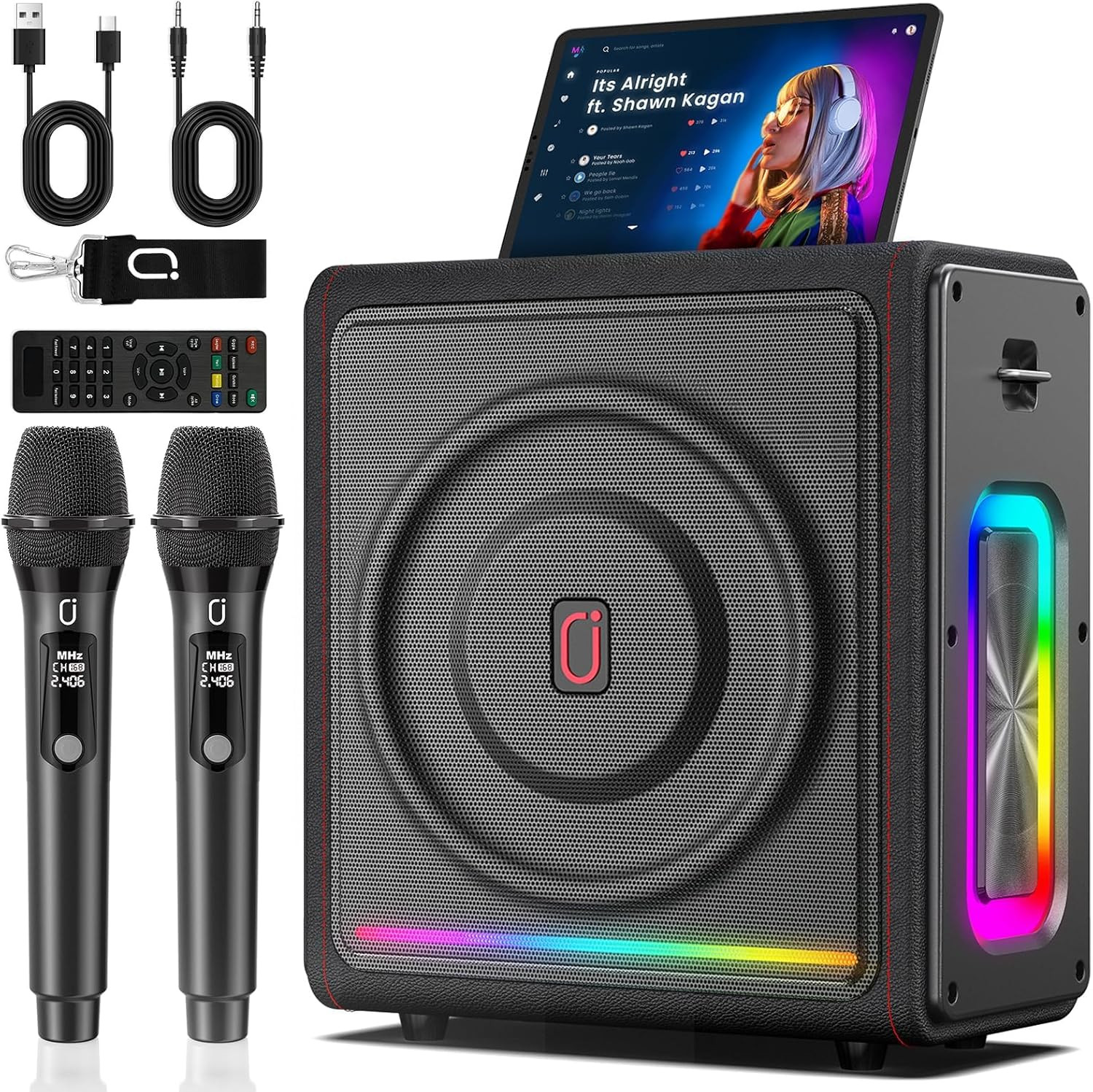 Karaoke Machine with 2 Wireless Mics | Bluetooth 5.3 Speaker with Bass/Treble/Ec