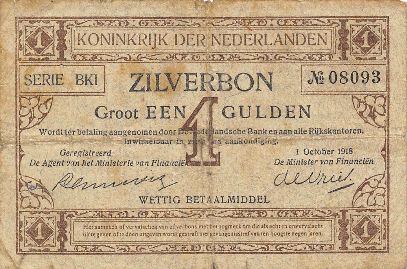 Netherlands  1  Gulden  1.10.1918  P 13  Series BKI  Circulated Banknote CH817ES