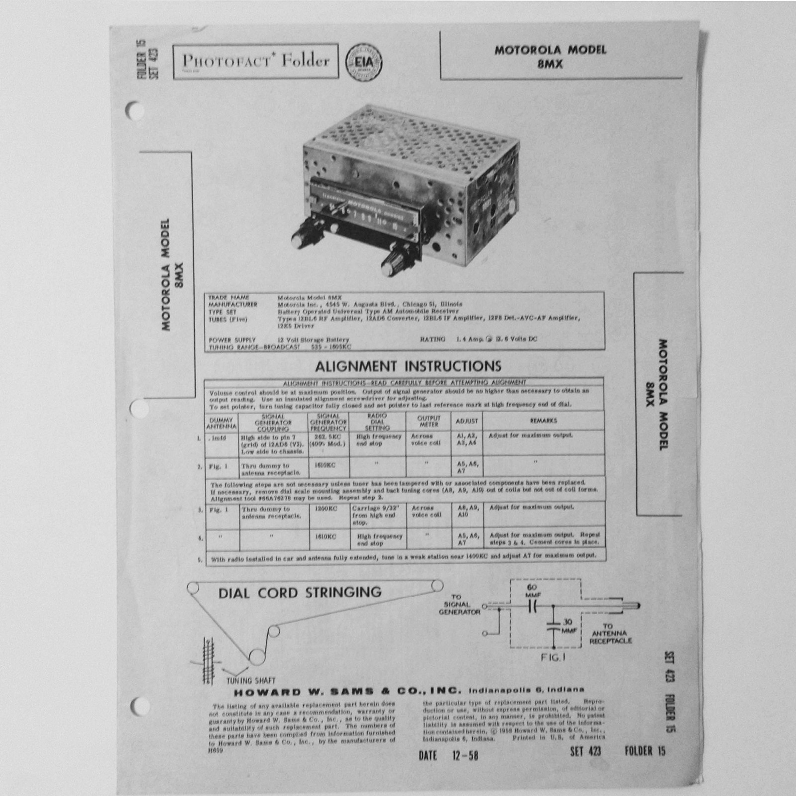 Motorola Model 8MX AM Car Auto Radio - SAMS Photofact ™ 1958 New