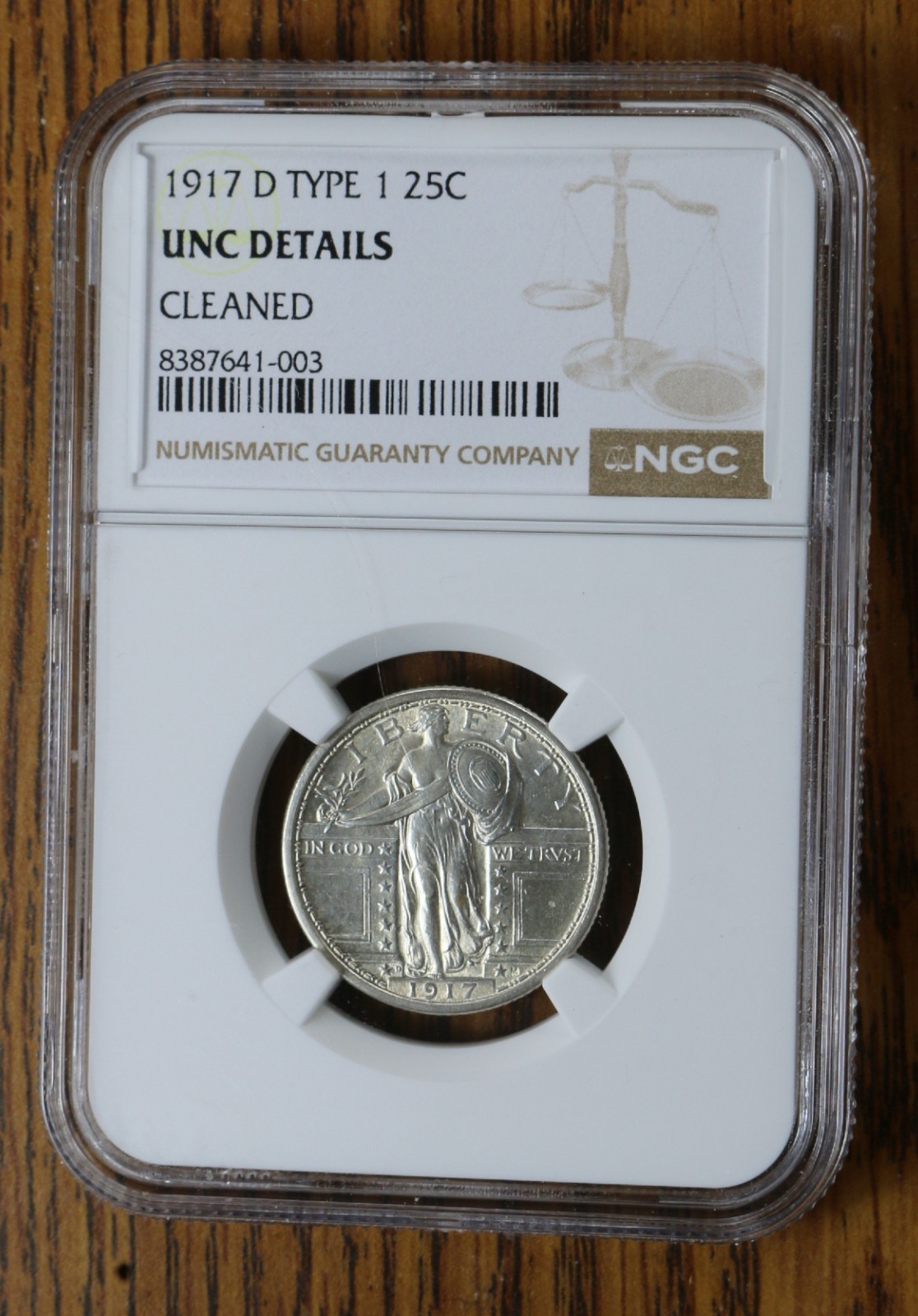 1917 D type 1 Liberty standing quarter graded by NGC UNC DETAILS