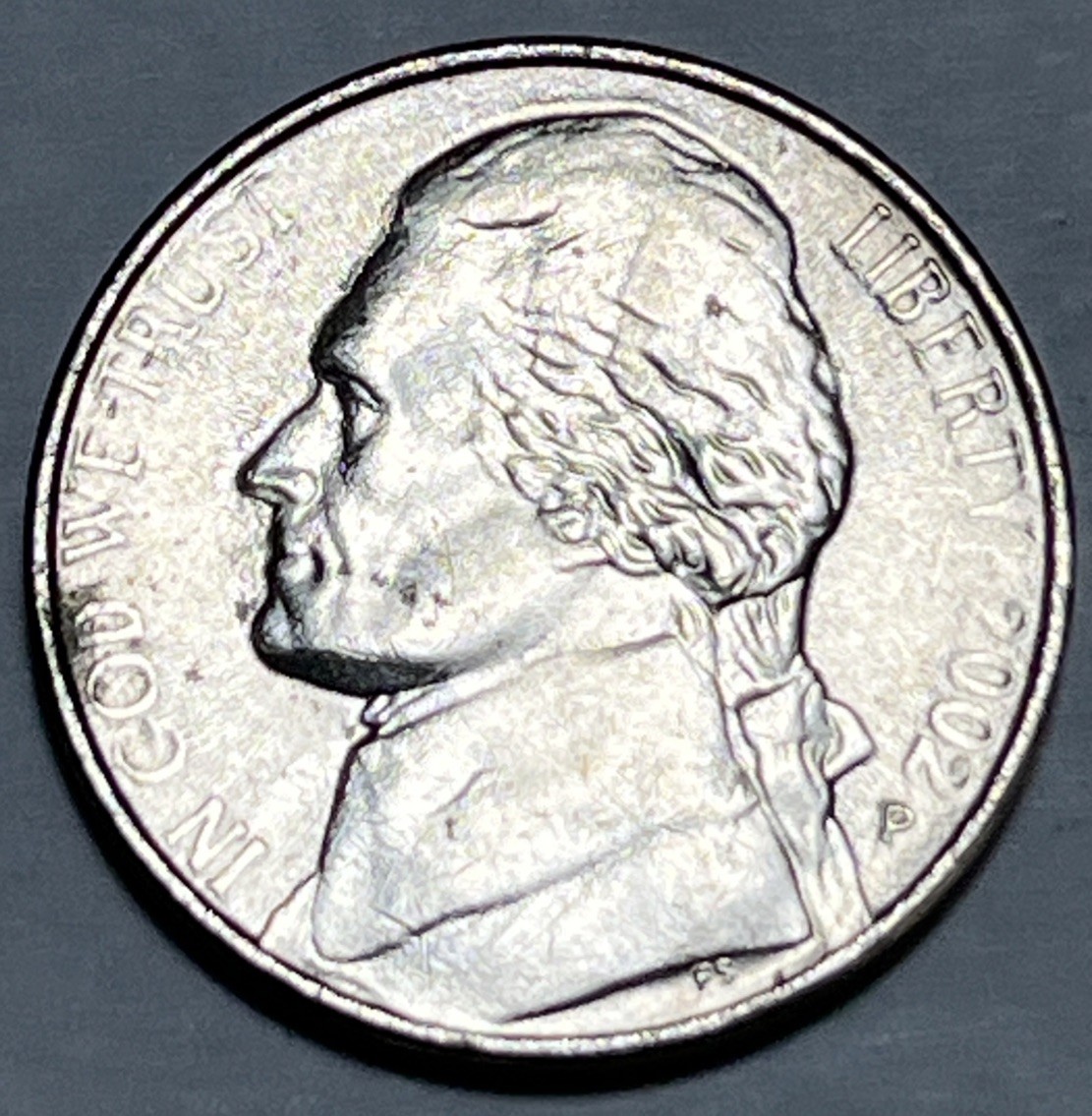 2002 P Jefferson Nickel Error Weak Strike Through Grease Faint Date & Lettering