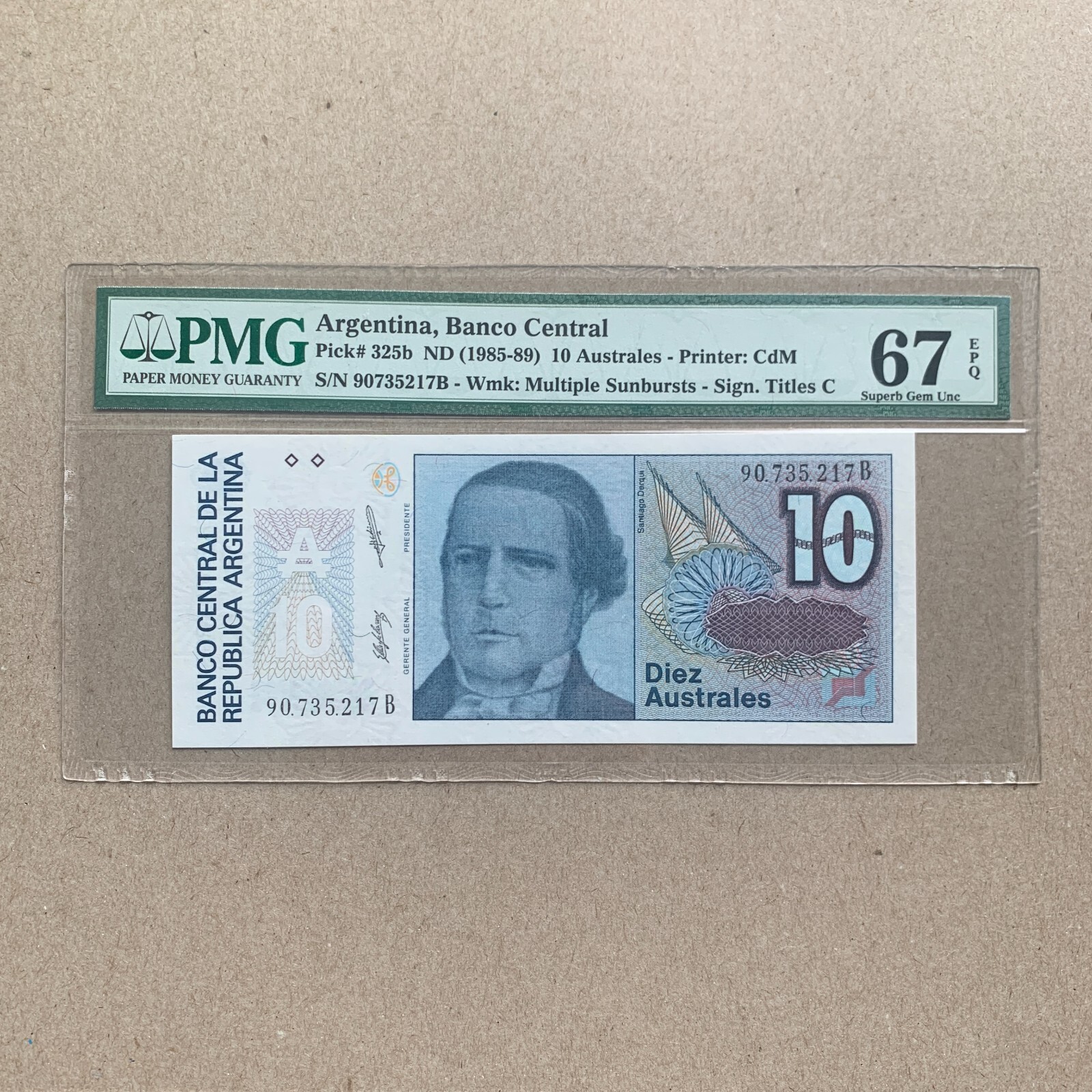 Argentina P325b 10 Australes Banknote PMG 67 EPQ Sunburst Argentinean Currency