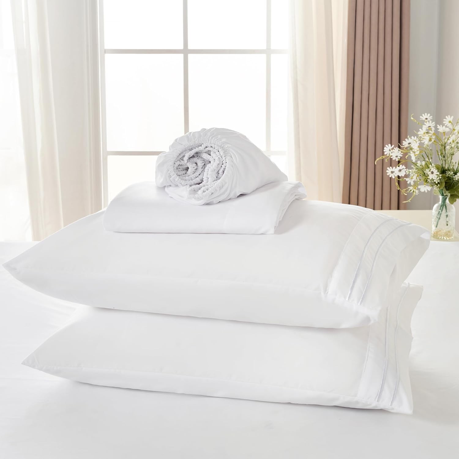 White Queen Sheet Set 4 Pieces Soft Bedding Queen Sheet Set Breathable & Cooling