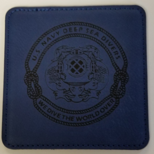 USN Navy Deep Sea Divers WE DIVE THE WORLD OVER Set of 4 Blue Leather Coasters