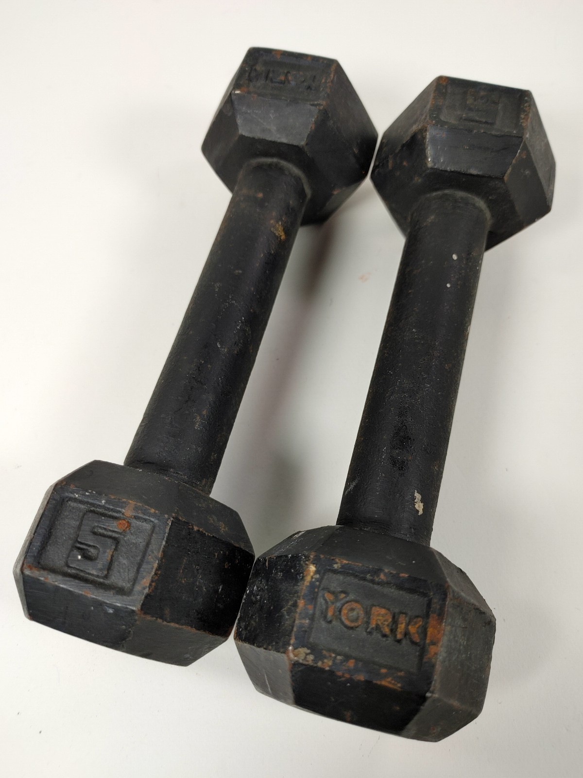 Vintage Pair York Strength Training 5 lb Weights Dumbbells 10 Lb Total Cast Hex