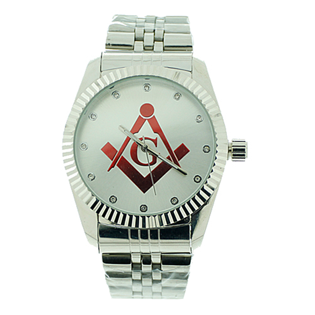 Masonic Watch - Red Lodge Masonic Logo Compass & Square -Silver Color Steel Band