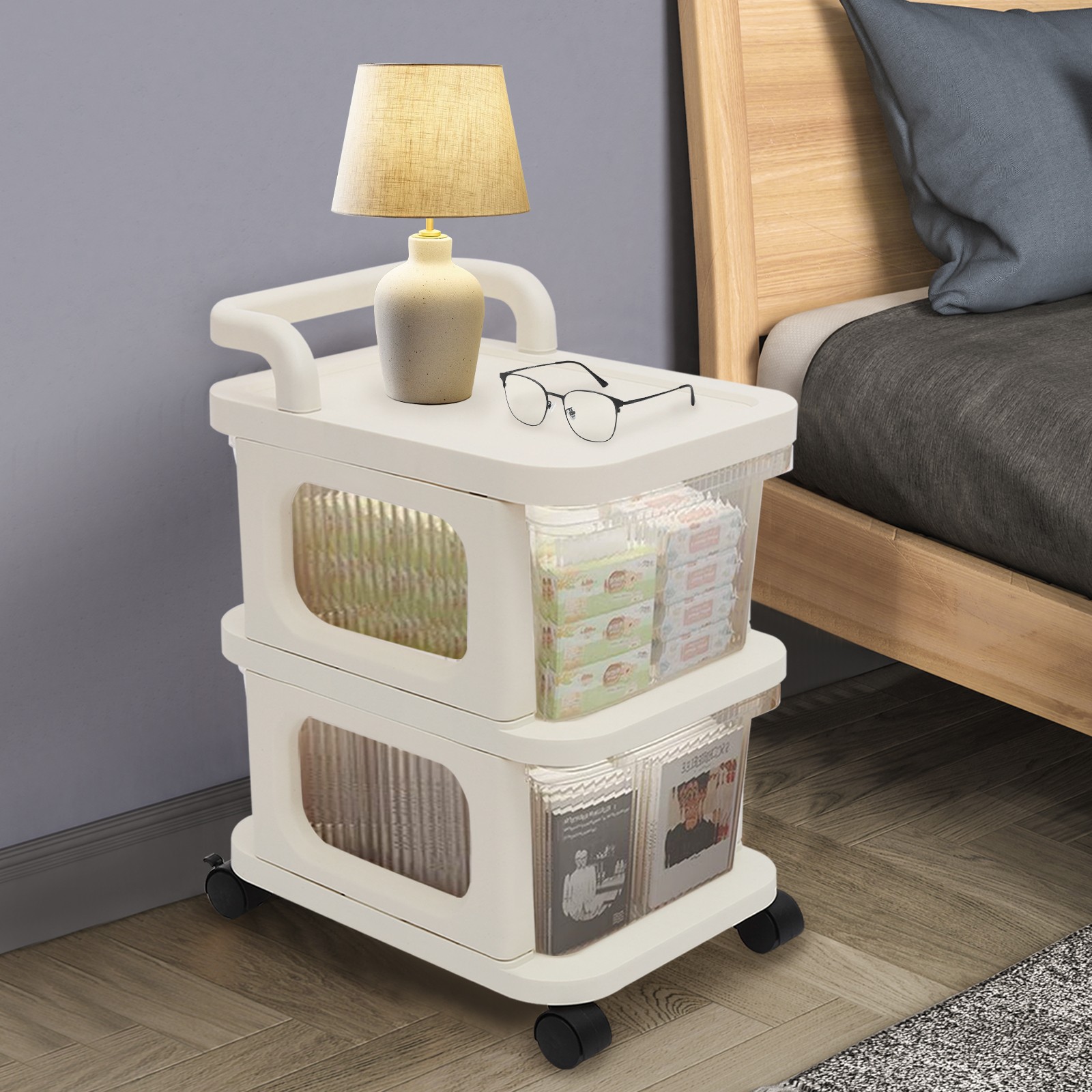2-Drawer Plastic Rolling Storage Cart with 4 Universal Wheels