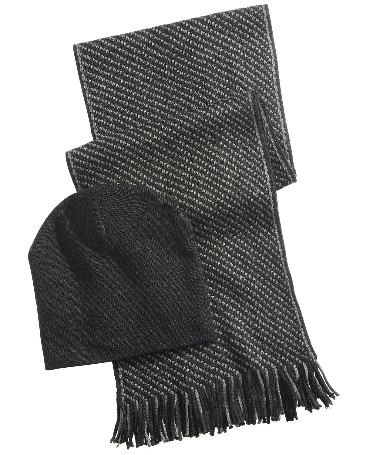 $97 Club Room Men Black Gray Knit Winter Beanie Hat & Muffler Scarf Set One Size