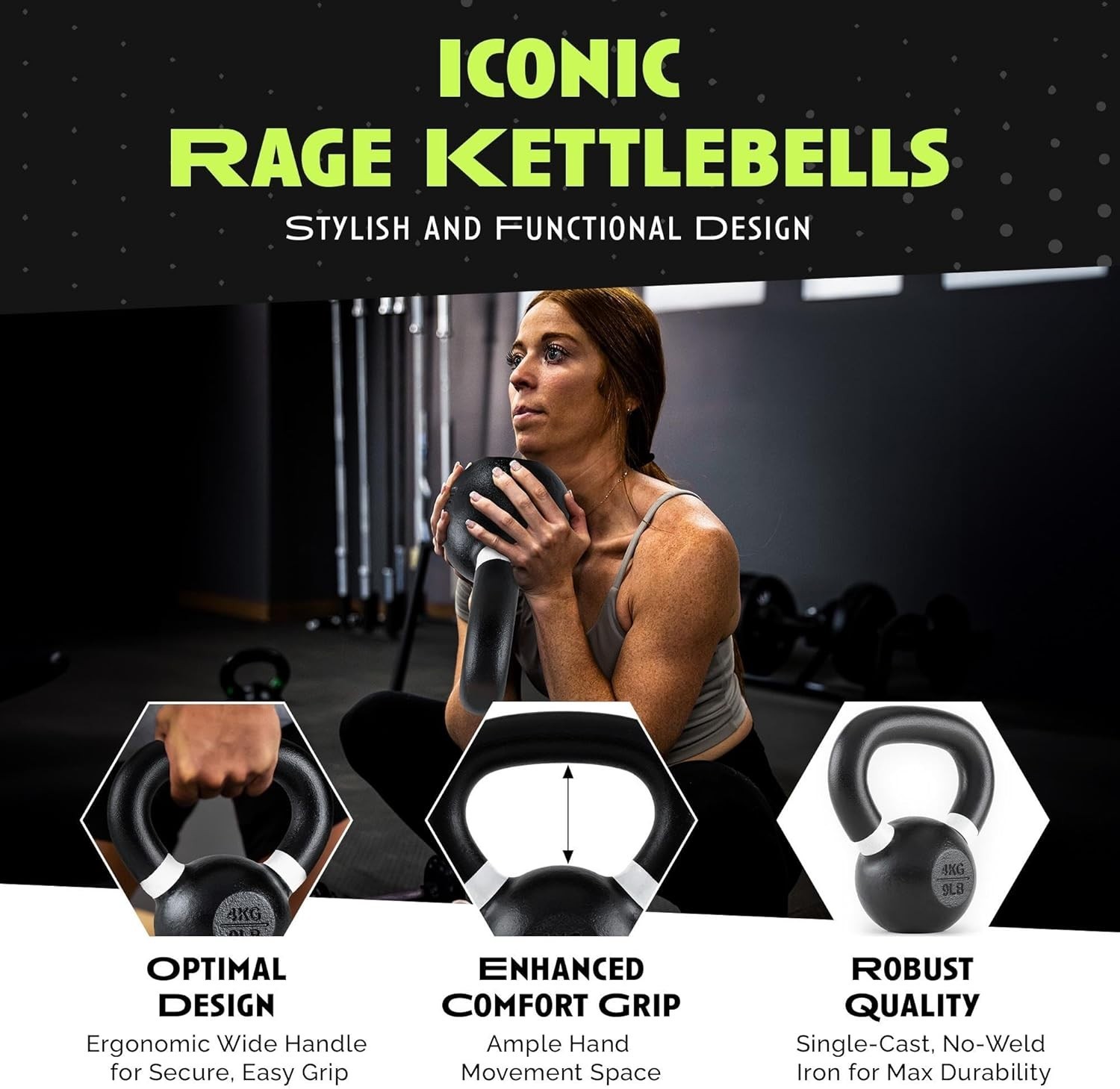Single Cast Iron Kettlebell | Powder Coated - Wide Handle Weights for Core & ...