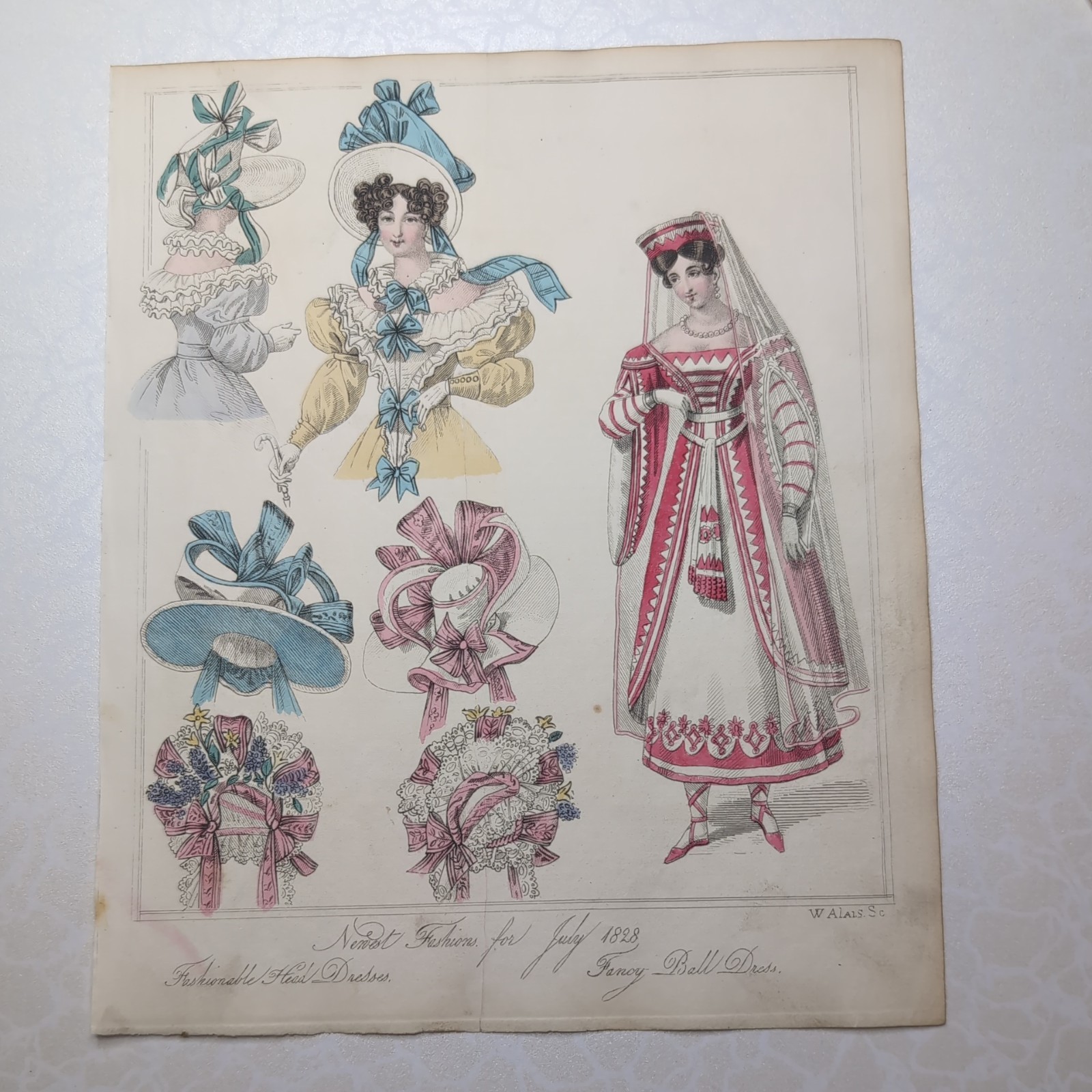 Original 1828 World Of Fashion Coloured Fancy Ball Dress Feuilletons