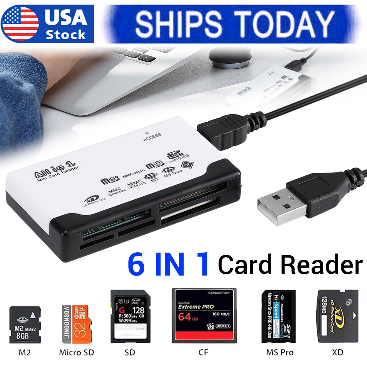 6-IN-1 USB 2.0 Memory Card Reader High-Speed Adapter for Micro SD SDXC CF SDHC