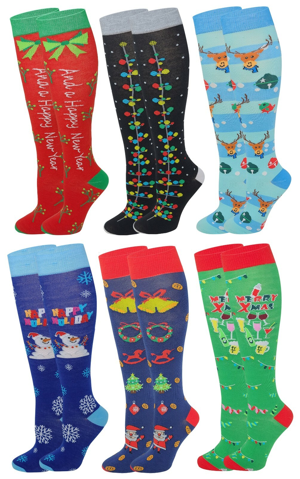 6 Pairs Women's Fancy Design Multi Colorful Patterned Knee High Socks 9-11