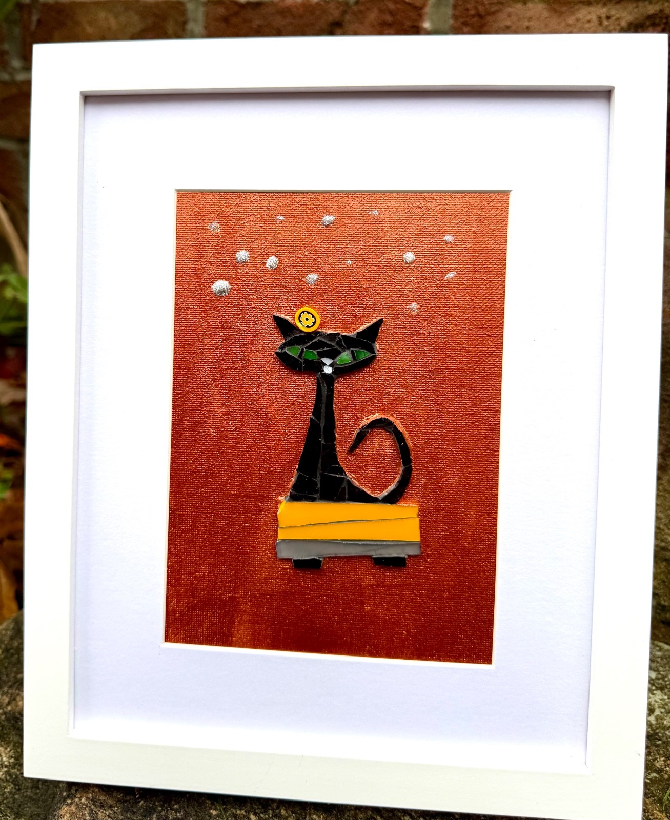 Fun mosaic of black cat on stool, small decor, fun and colorful, cat lover gift