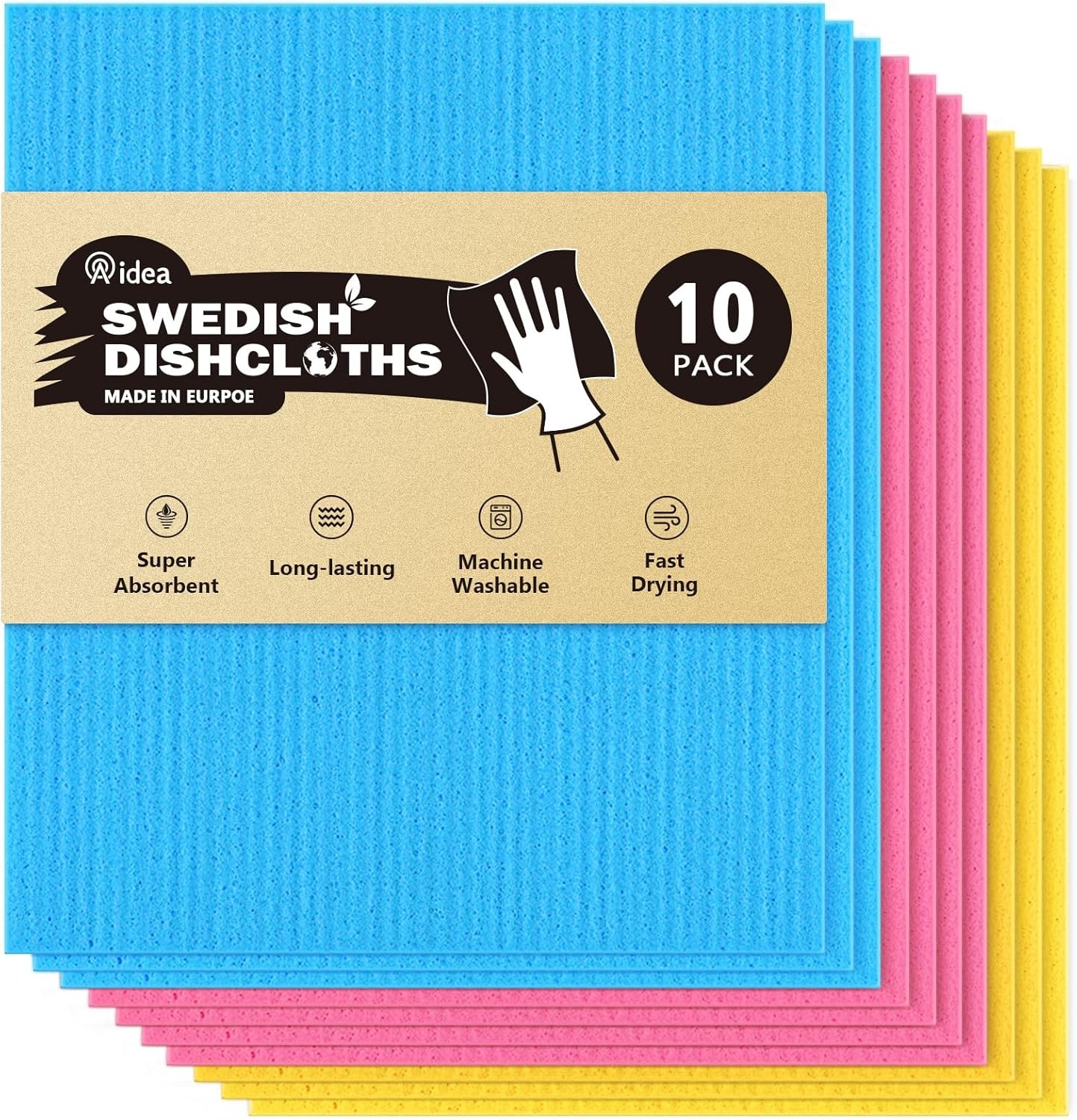 AIDEA Swedish Dish Cloth, 10PK, Swedish Dishcloths for Kitchen, Reusable 7" X 8"