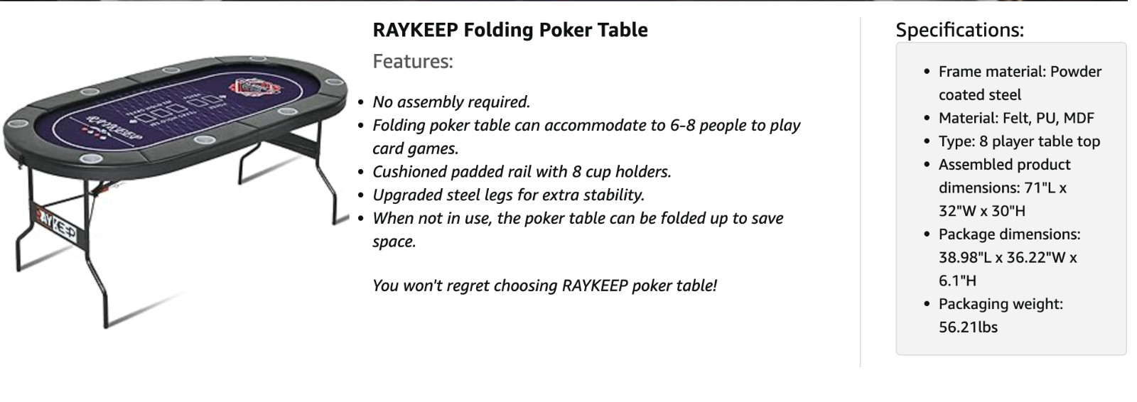 71 Inch Poker Table Foldable, 8 Player Folding Poker Tables w/Collapsible Legs