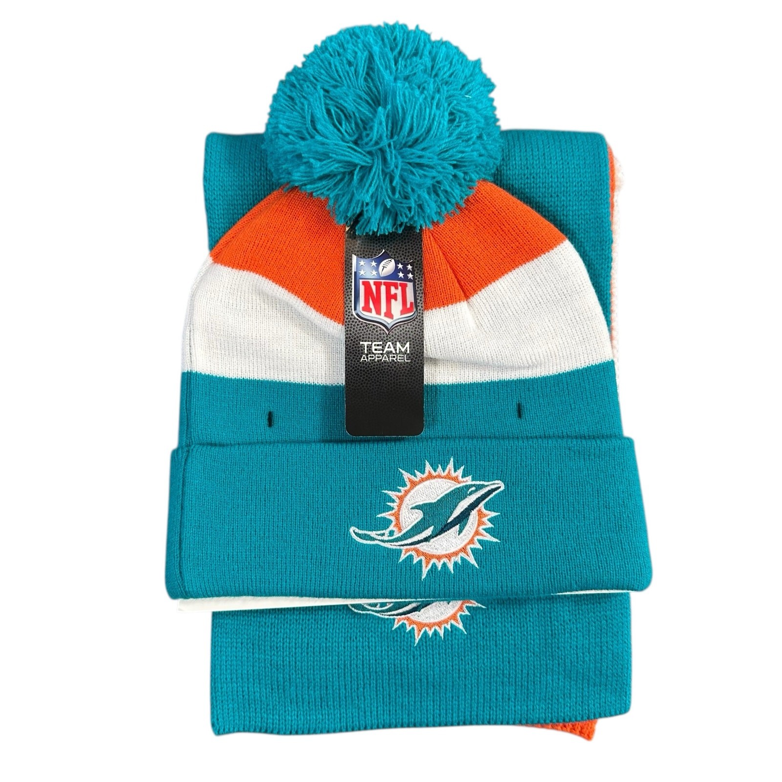 Miami Dolphins Men's NFL Stack the box Beanie Hat with Pom and Scarf Set