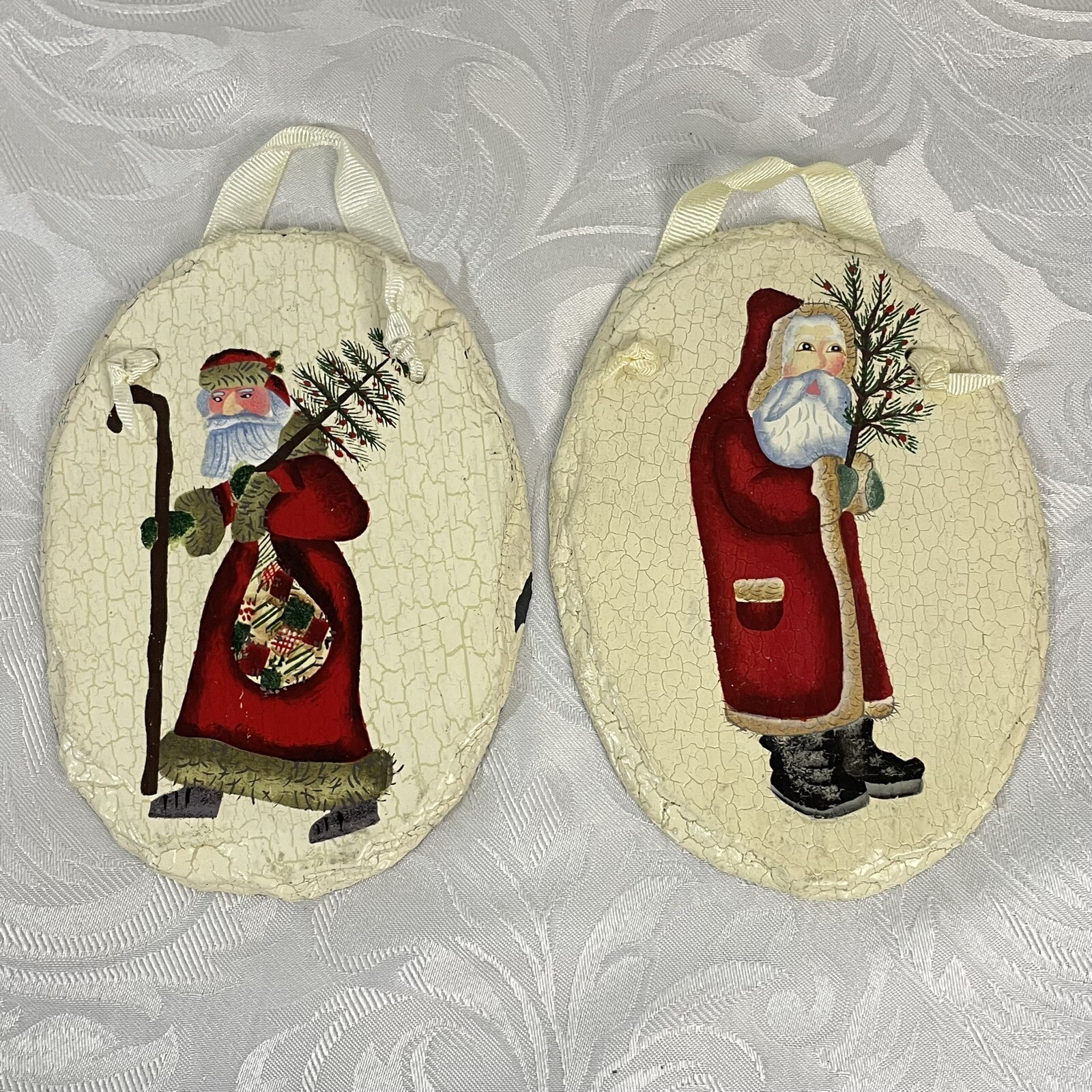 Set up 2 Hanging Handpainted Santas On Slate