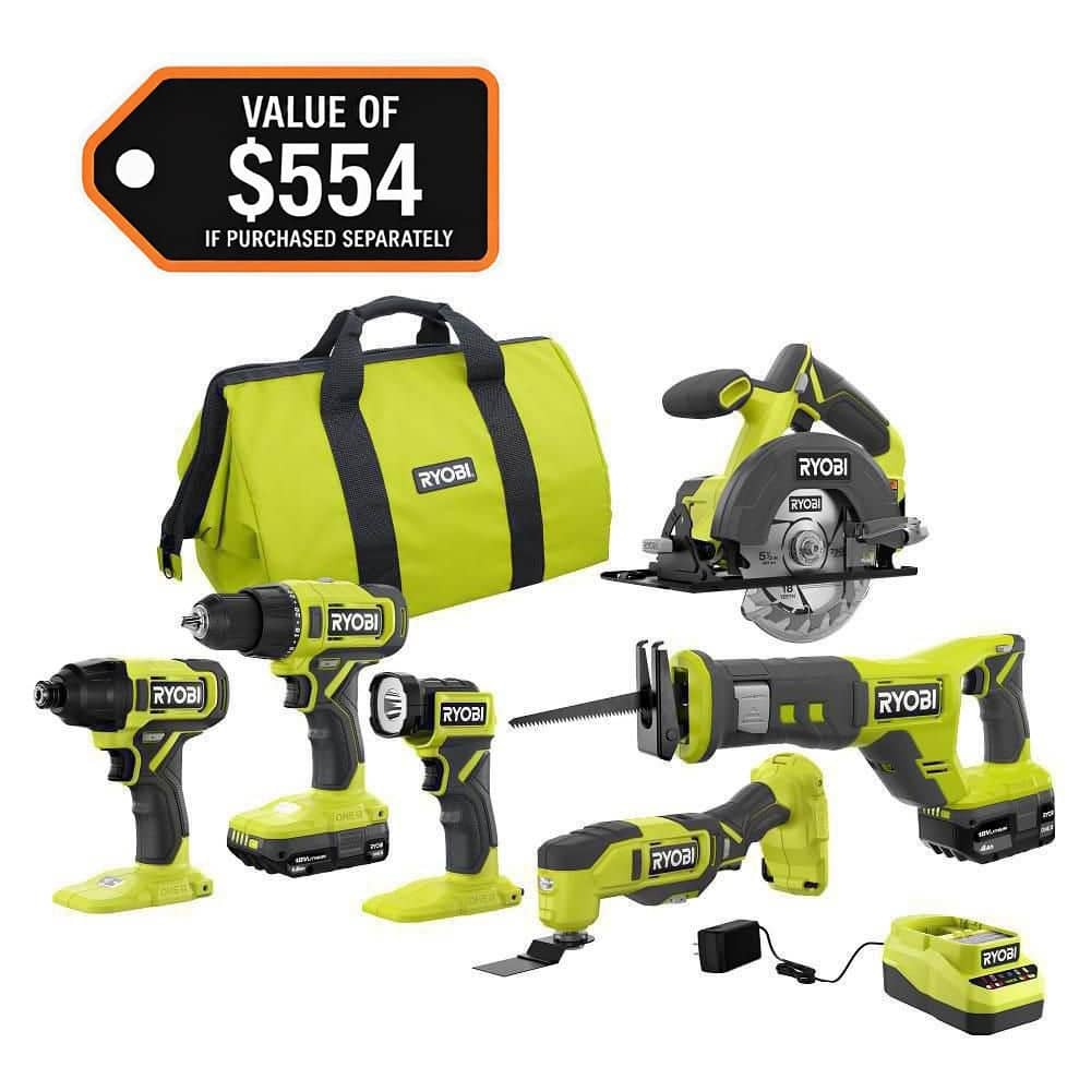 RYOBI ONE+ 18V Cordless 6-Tool Combo Kit 1.5Ah & 4.0Ah Batteries, Charger