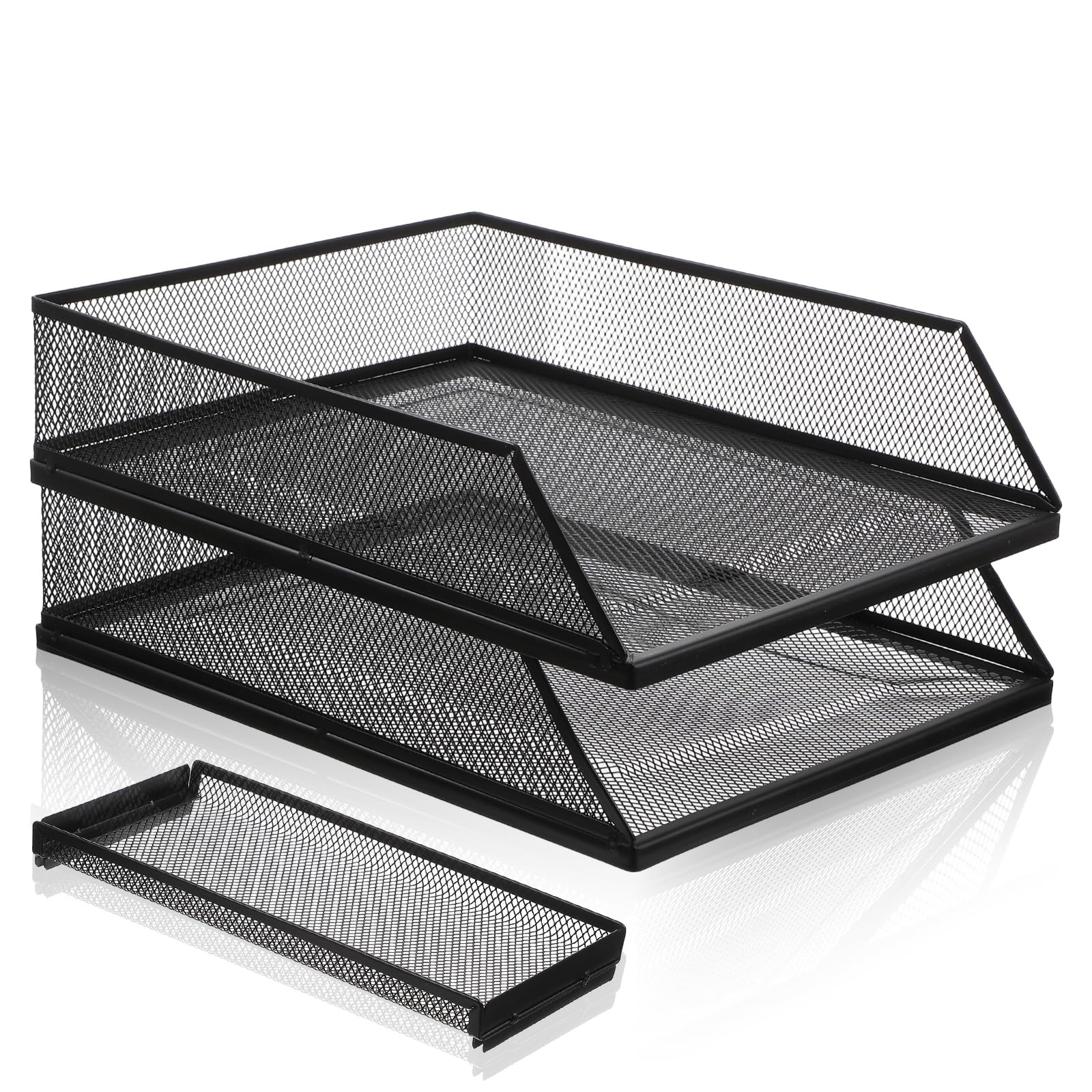 Black 2Tier Stackable Paper Tray Organizer Metal Mesh Desktop File Sorter