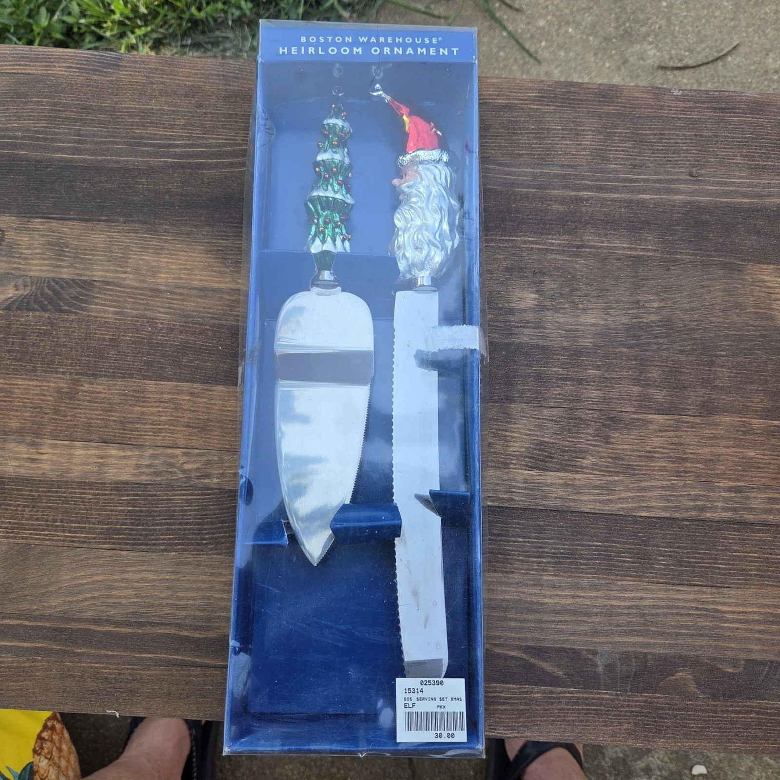 1998 Boston Warehouse Santa & Christmas Tree Cheese Serving Set in Box