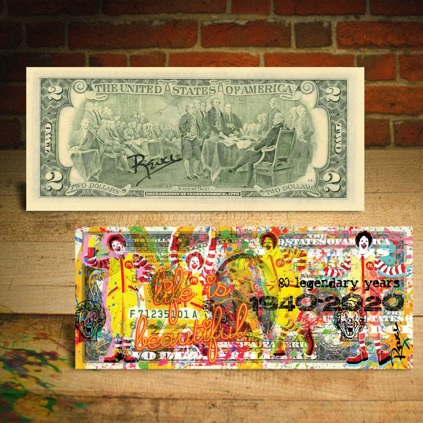 McDonald's 80th Anniversary 1940-2020 Genuine $2 Bill Pop Art - SIGNED by Rency