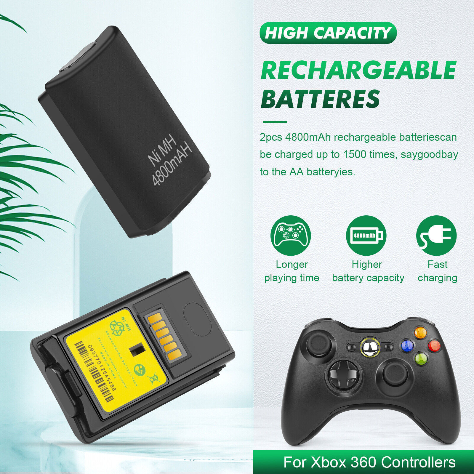 2pcs Rechargeable Battery Pack USB 4800mAh Charger Cable For XBox 360 Controller