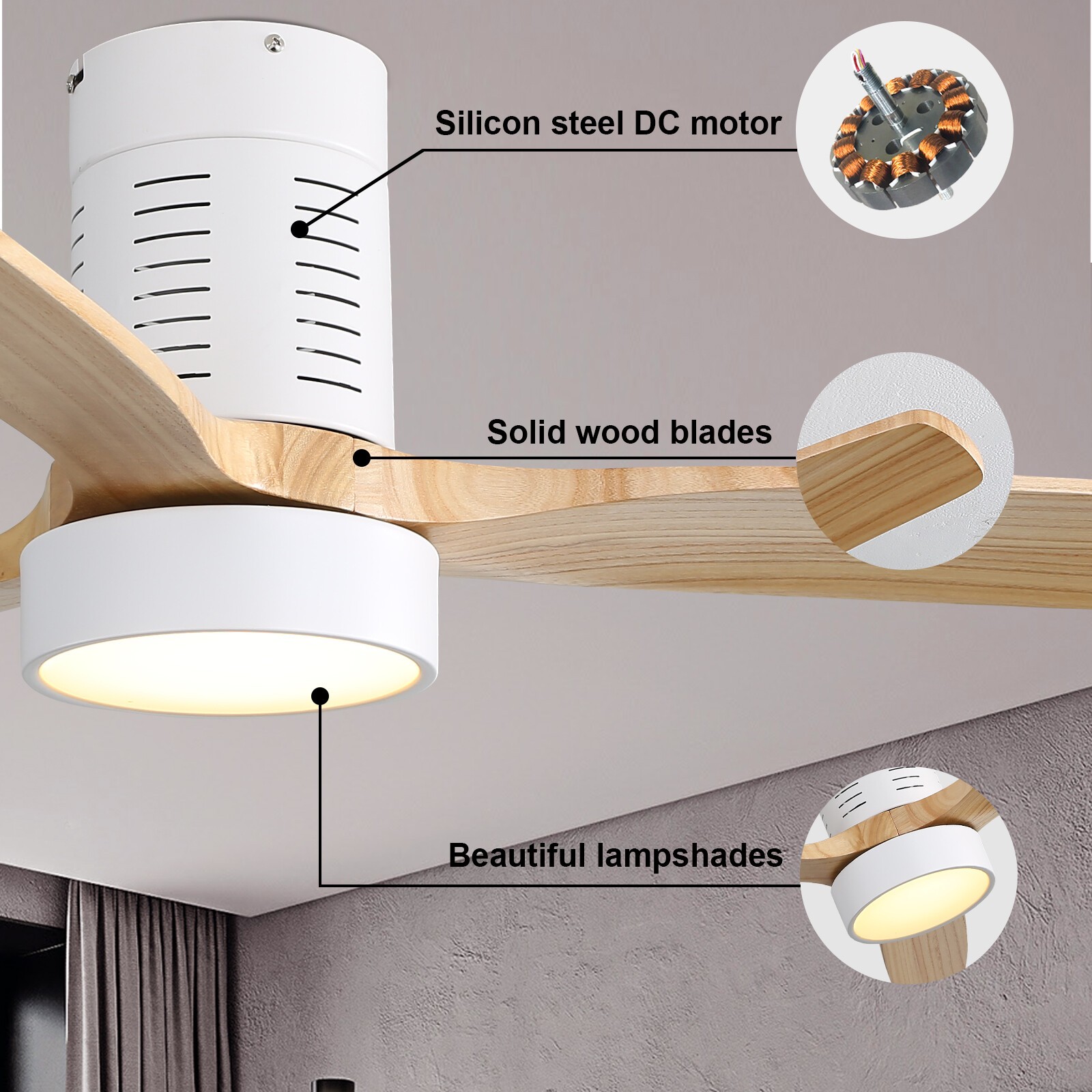 Bedroom Ceiling Fan With Integrated LED & Remote & Solid Wood Blades Reversible