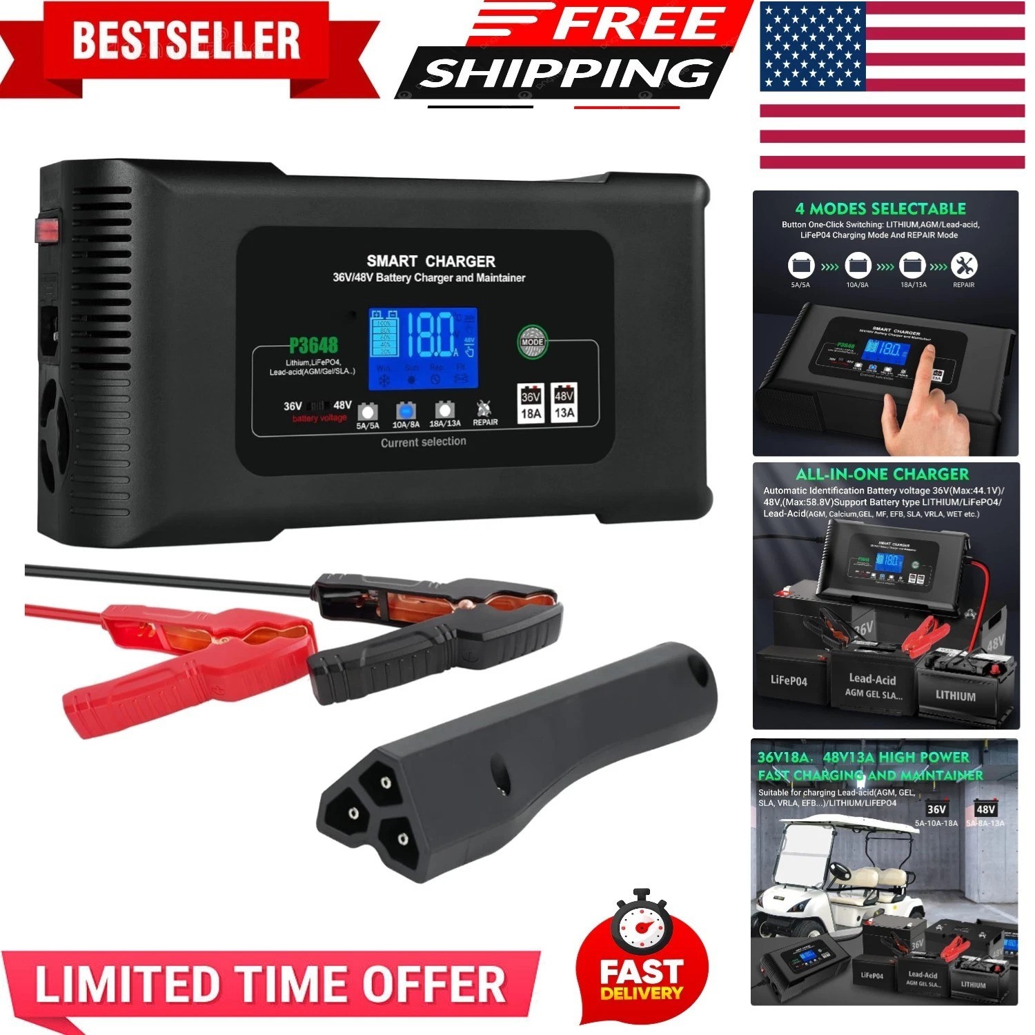48v EZ-GO RXV TXT Golf Cart Battery Charger, 48V Lithium Lifepo4 Lead-Acid AG...