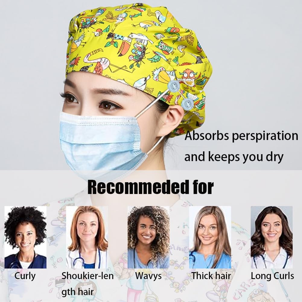 6PCS Bouffant Scrub Caps Women, Bouffant Caps with Button and Sweatband, Scru...