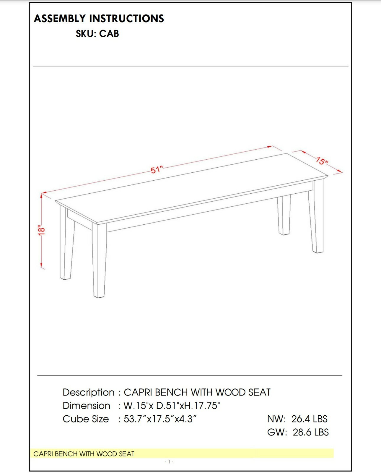 Solid wood Capri dinette kitchen dining bench in mahogany finish