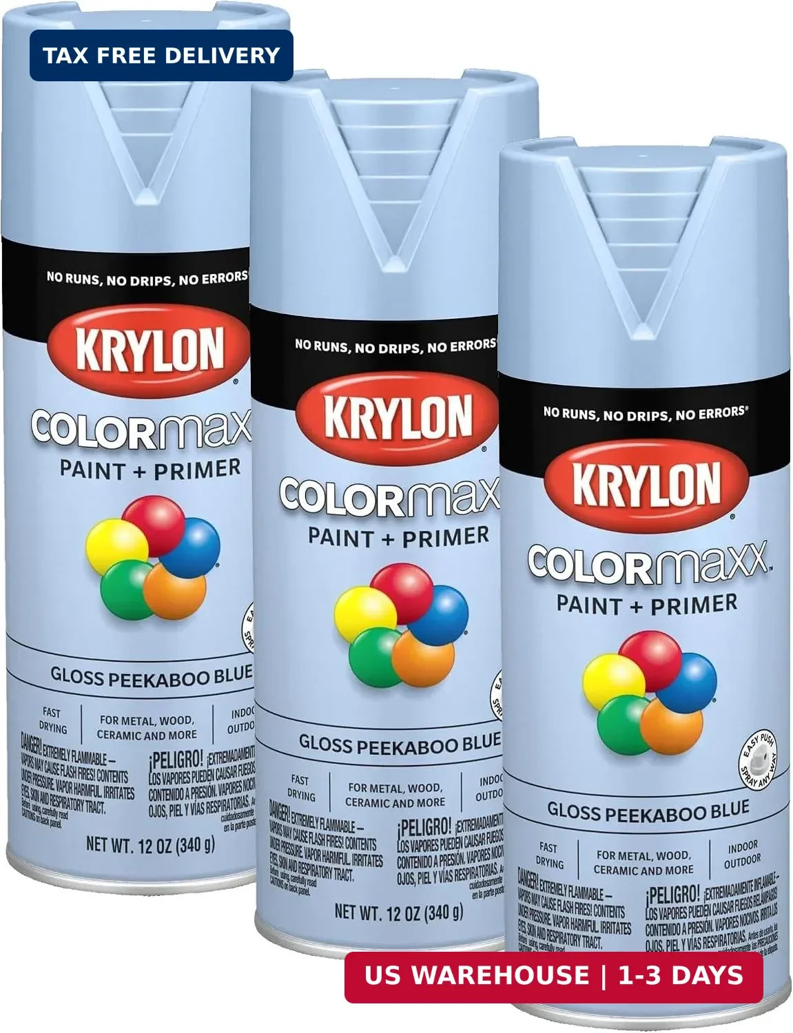 Krylon 5530 Colormaxx Aerosol Paint, 12 Ounce (Pack of 3), Peekaboo Blue
