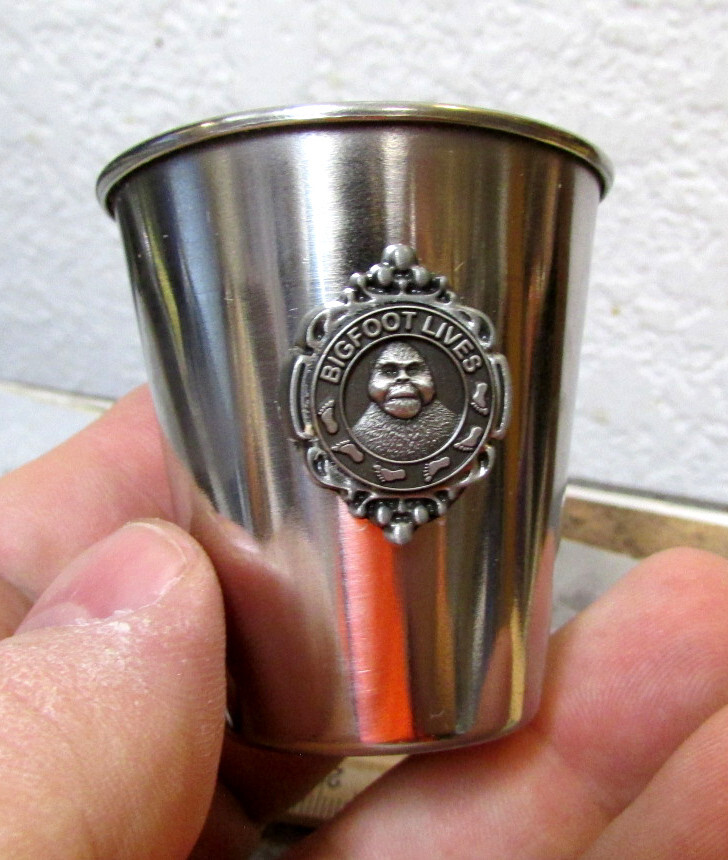 Bigfoot LIVES Stainless Steel Shotglass, pewter emblem on shot glass