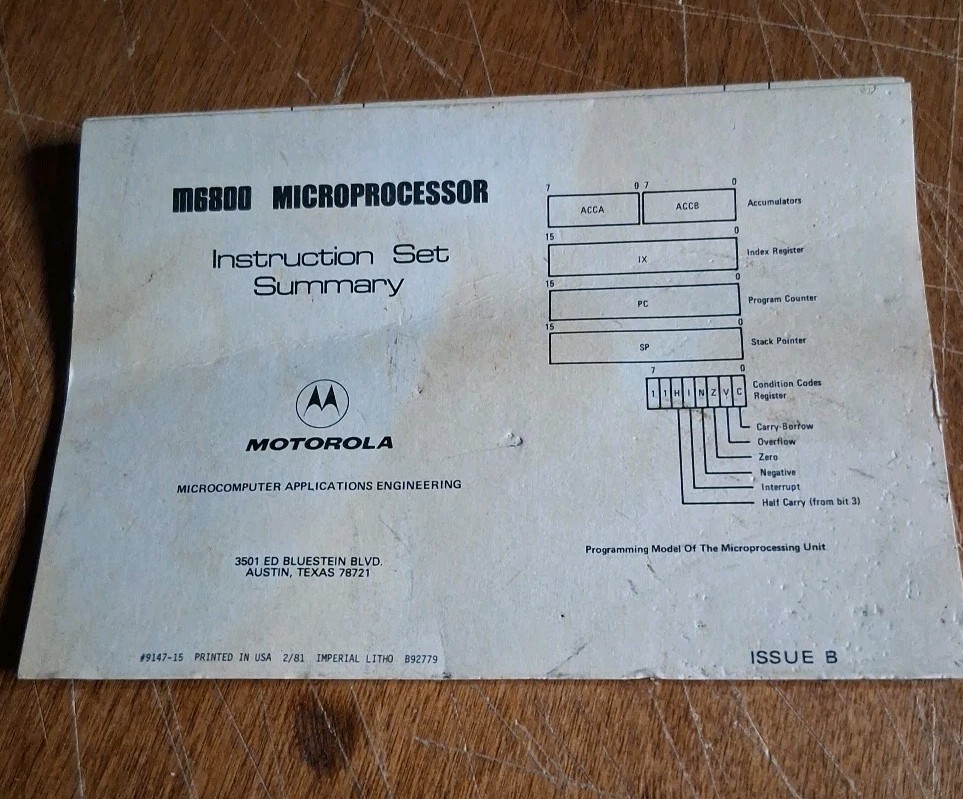 VINTAGE 1981 Motorola M6800 Microprocessor Instruction SET SUMMARY ISSUE B