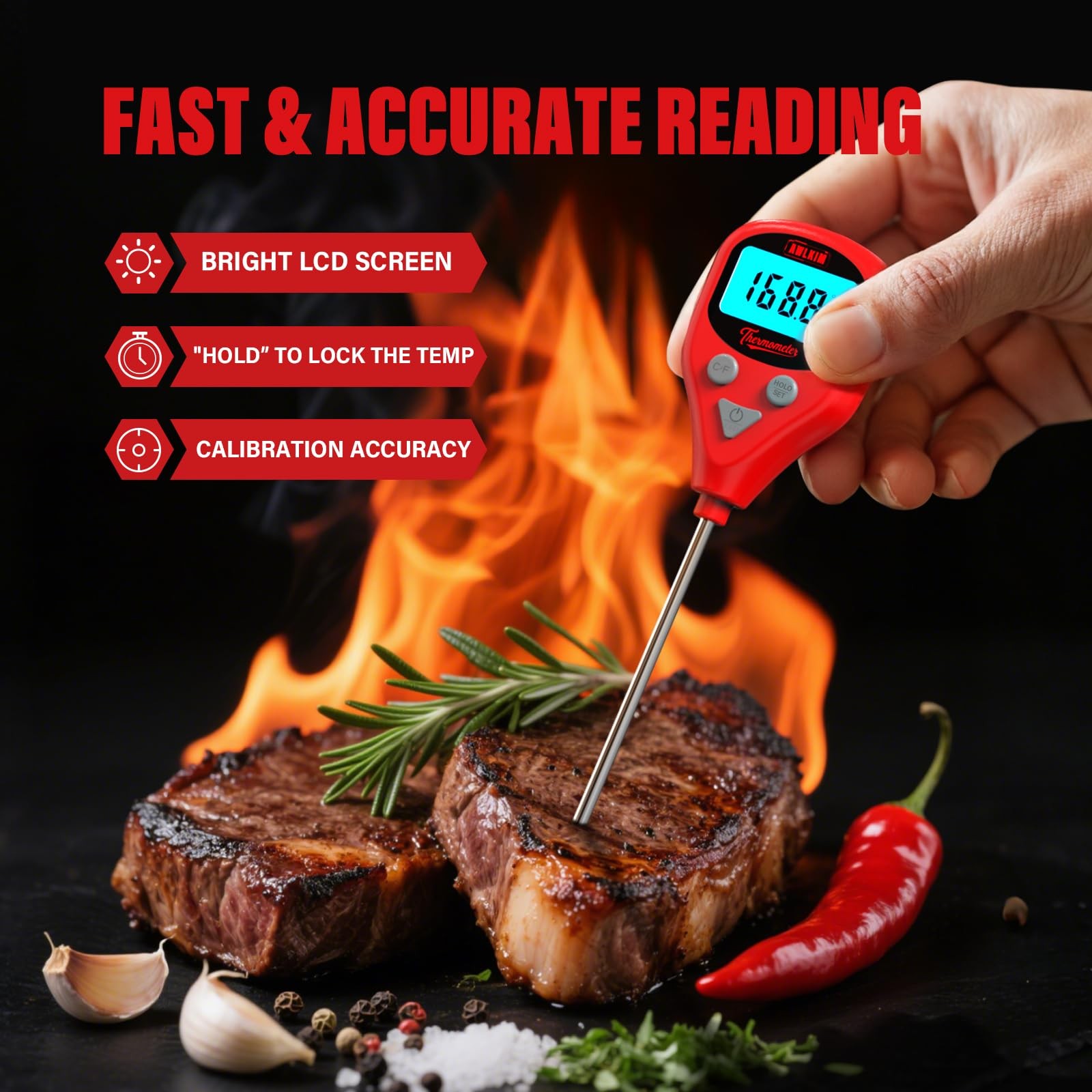 Rechargeable Digital Meat Thermometer with 3.3ft External Probe, Warning Aler