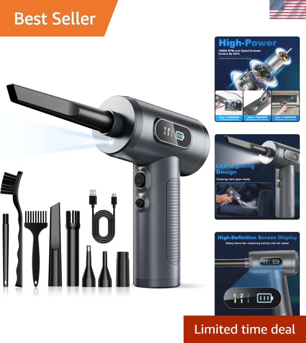 High-Power 100000RPM Air Duster with Fast Charging & Safety Features - Grey