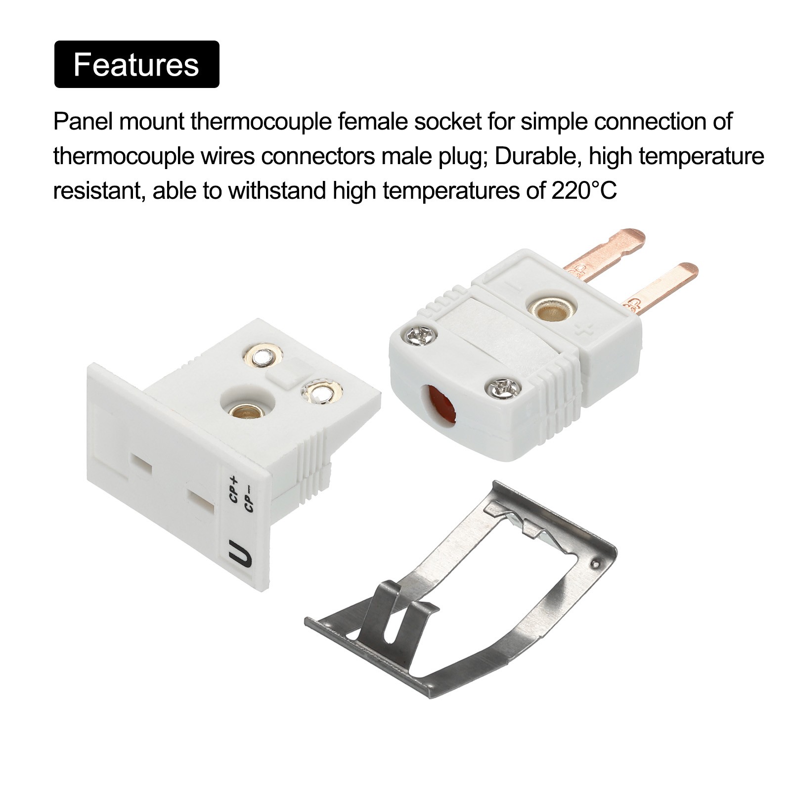 U Type Thermocouple Connectors Male Plug with Panel Mount Socket White 2 Set