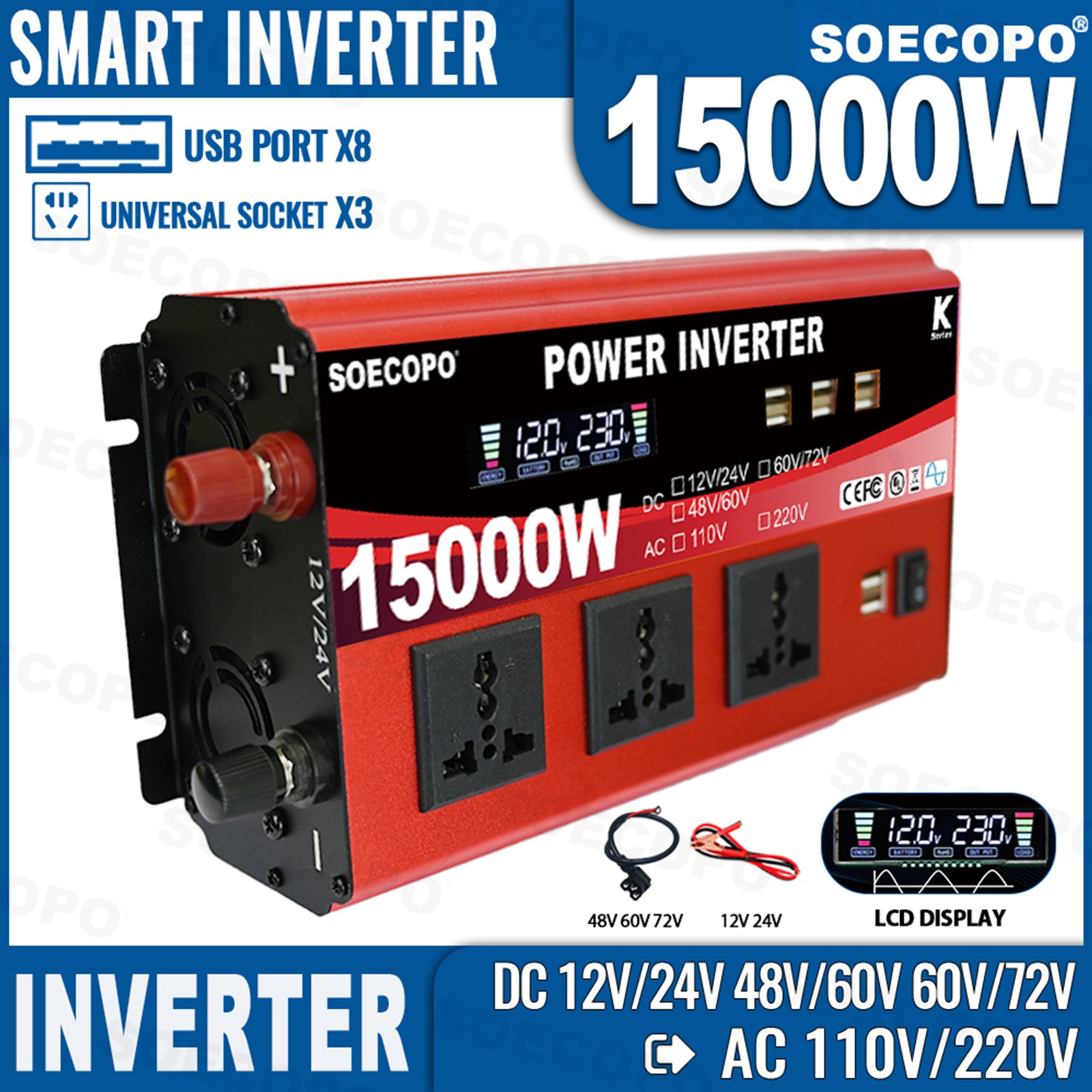 Pure Sine Wave Solar Converter 15000W Car Power Inverter DC 12V/24V To AC 110V