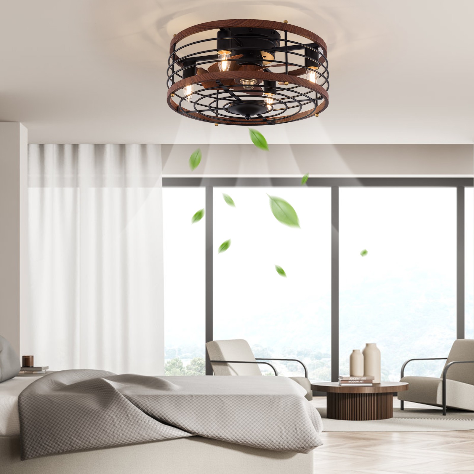 Farmhouse Ceiling Fan Light Flush Mount Caged Lights kit With Remote Control