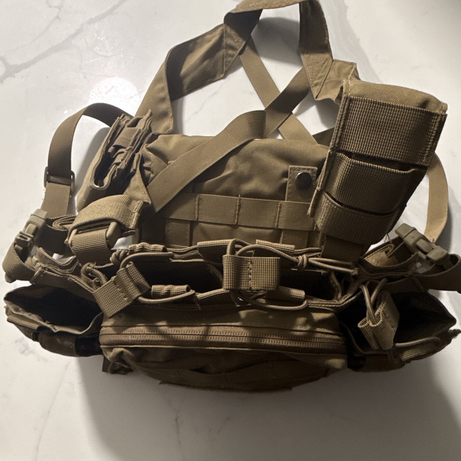 Tactical Chest Rig Harness w/Attached Pouches, Adjustable Nylon Tan