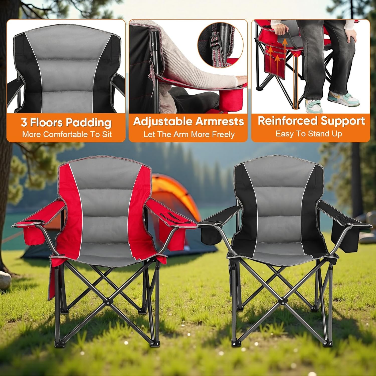 2 Pack Oversized Camping Chair Padded Portable Chairs Heavy Duty Camping Folding