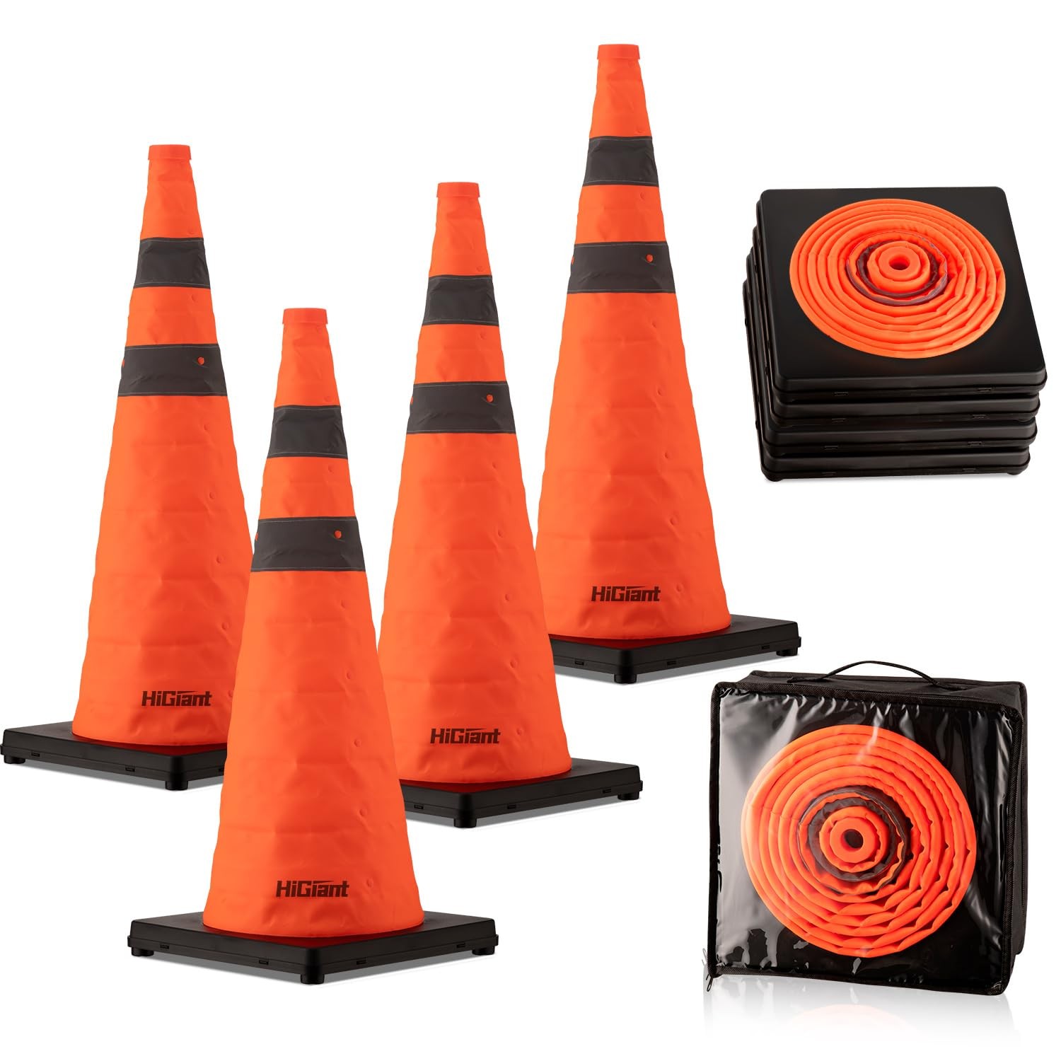 HiGiant [4 Pack] 28 Inch Orange Collapsible Cones with Black Base, Traffic Co...