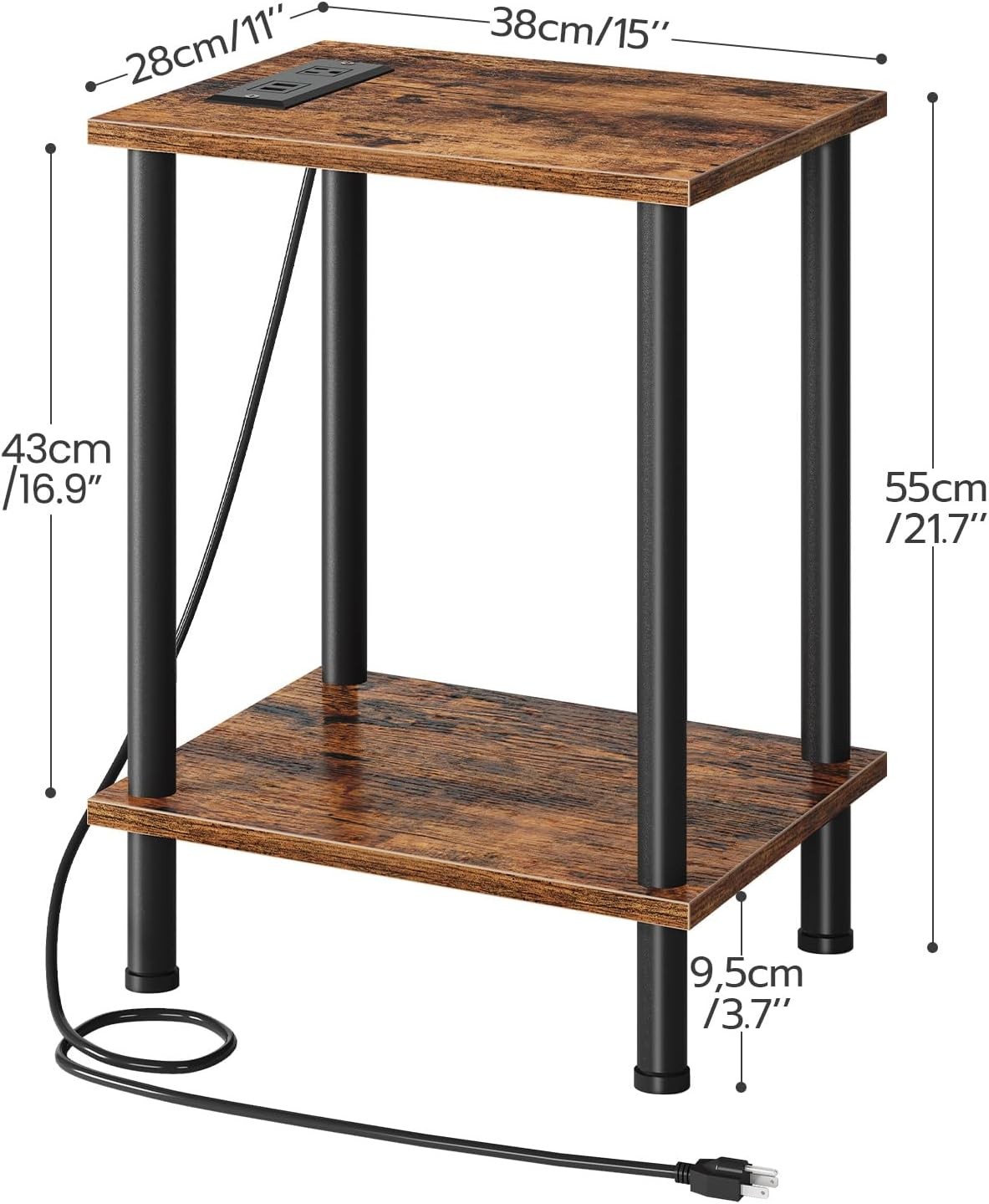 HOOBRO Side Table with Charging Station, End Rustic Brown + Black